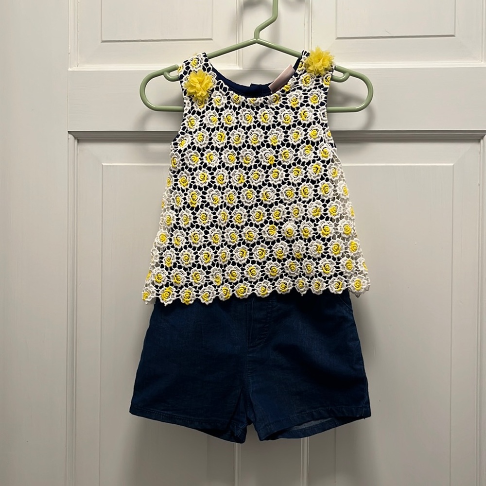 {Little Lass} Navy Short Romper with Attached Lacy Overlay - Size 2T